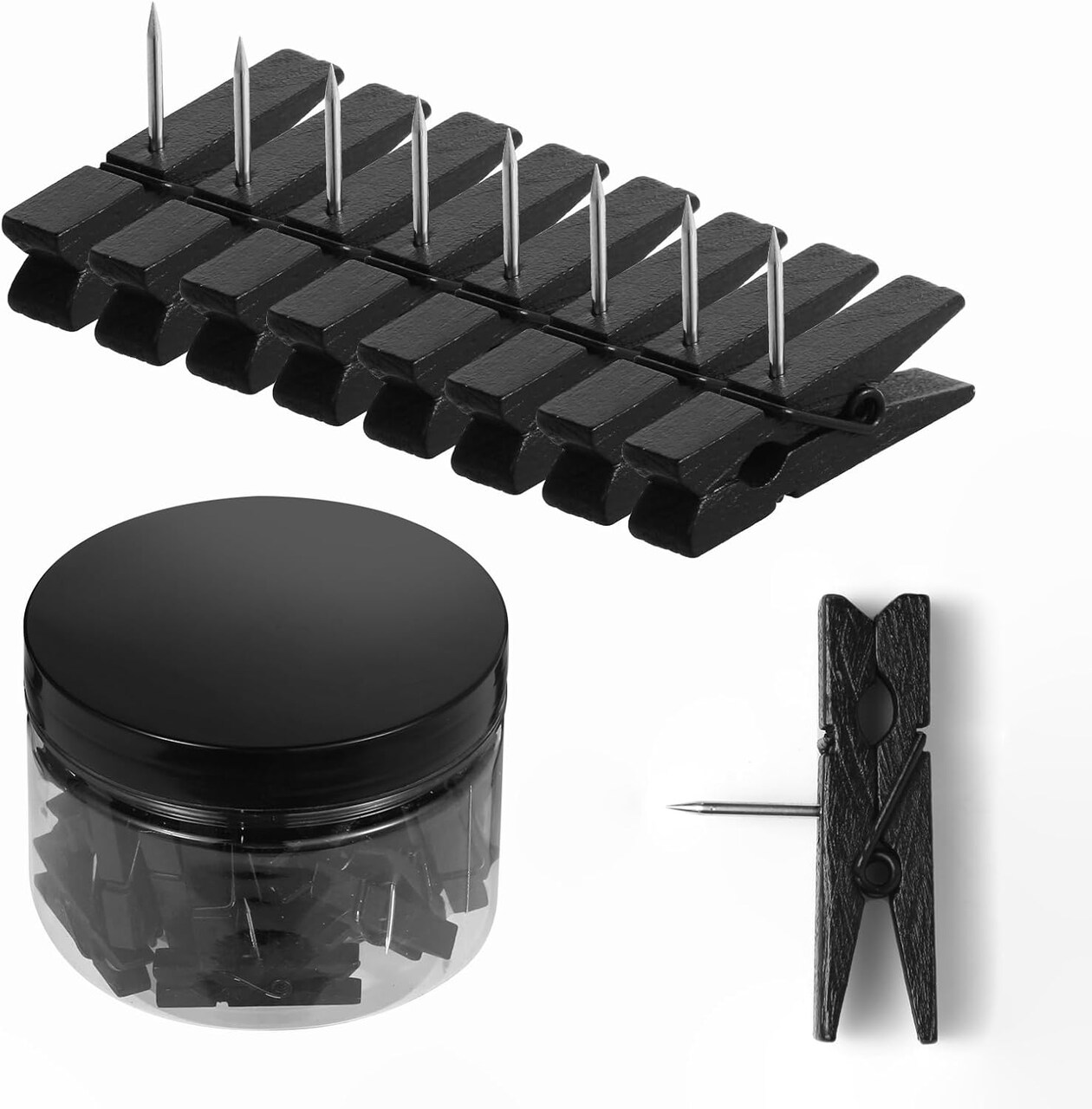 50 black push pins with spring-loaded wooden clips damage-free cork board tacks for photos notes and artwork